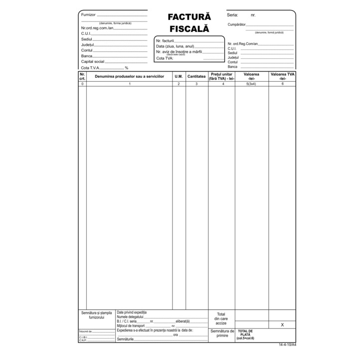 Set 3 buc. Factura A4 (cu TVA), 3 exemplare, autocopy, perforat, capsat