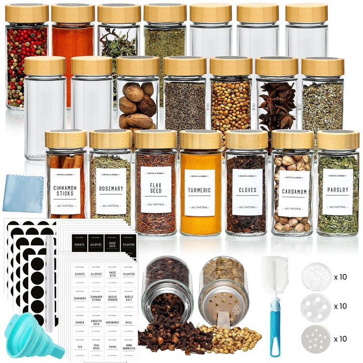 Set 24 recipiente pentru condimente si accesorii etichetare, WALALLA, Sticla/Bambus, Transparent/Golden