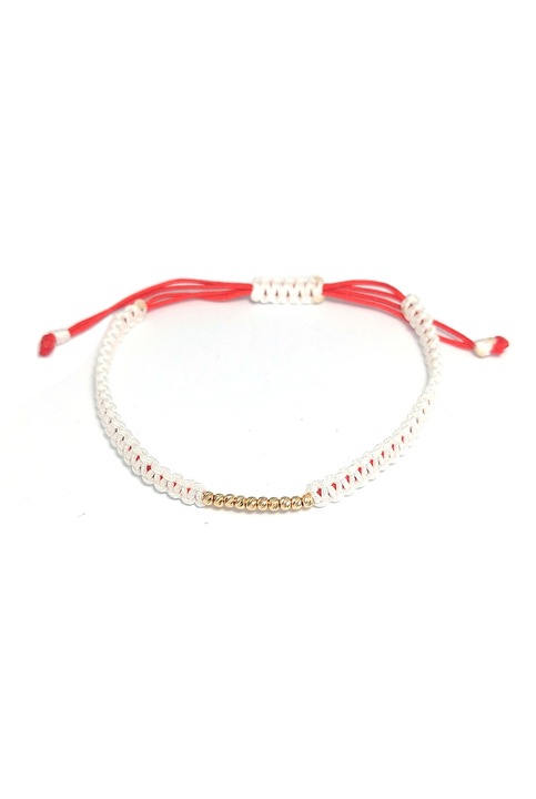 Bratara cu snur, 10 bilute striate 2mm din aur 14k si impletitura alb/rosu