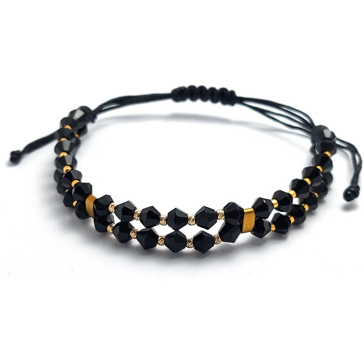 Bratara cu snur dubla, 10 bilute striate 2mm din aur 14k, margele Myuki aurii si cristale negre