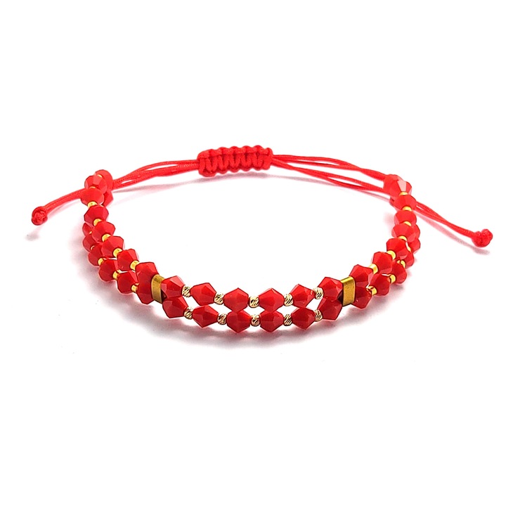 Bratara cu snur dubla, 10 bilute striate 2mm din aur 14k, margele Myuki aurii si cristale rosii