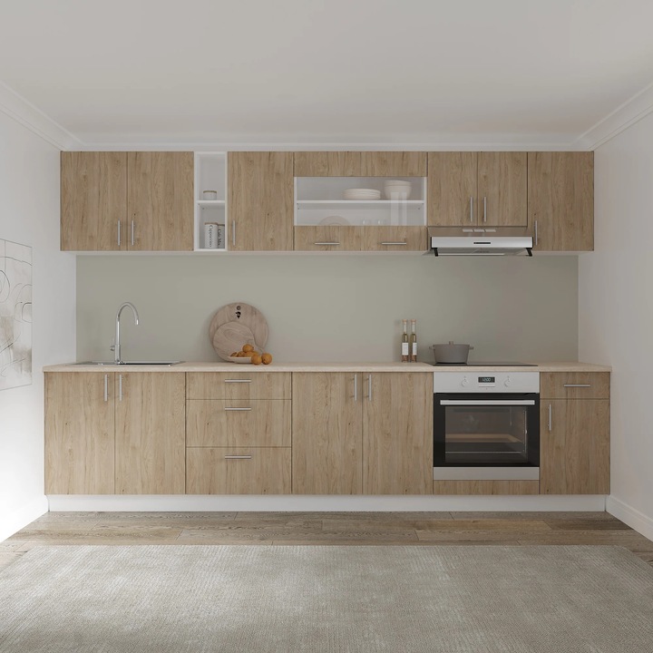 Set Bucatarie haaus Karo V28, Lemn Natural/Alb, Blat Thermo 28 mm, L 320 cm