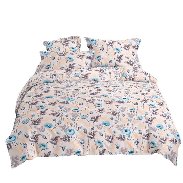 Szatén ágynemű 160x200 bézs kék bazsarózsa ágak levelek