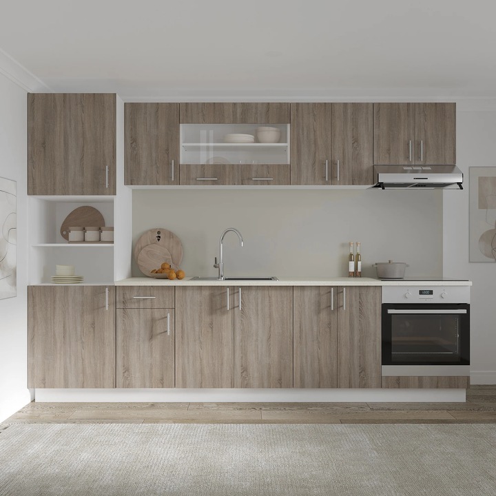 Set Bucatarie haaus Karo V27, Stejar Sonoma Inchis/Alb, Blat Thermo 28 mm, L 300 cm