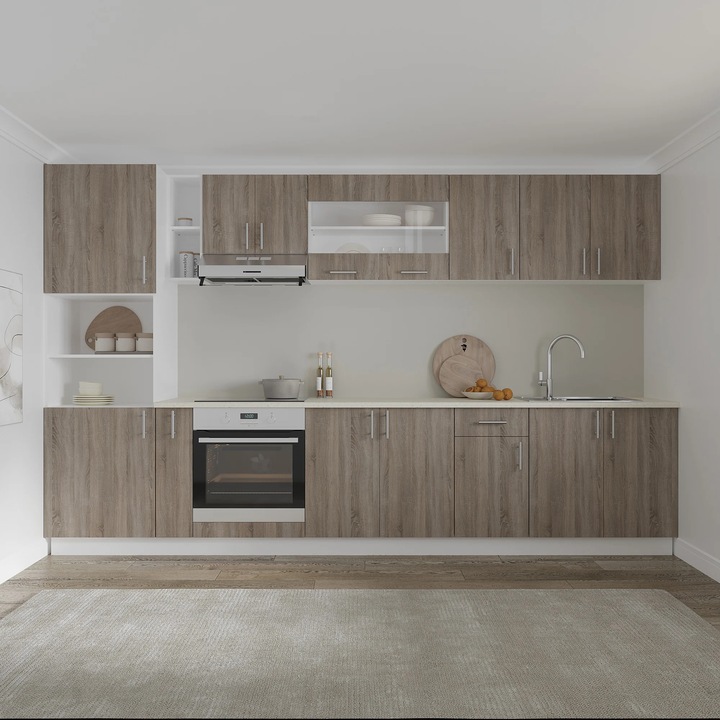 Set Bucatarie haaus Karo V33, Stejar Sonoma Inchis/Alb, Blat Thermo 28 mm, L 340 cm