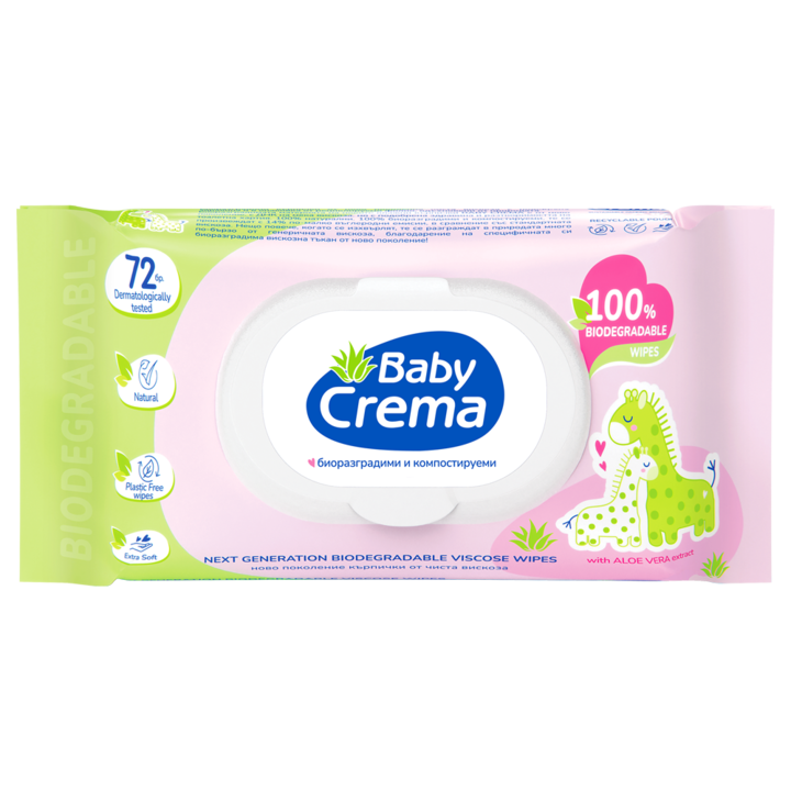 Биоразградми мокри кърпички Baby Crema, С екстракт от Алое Вера, 72бр