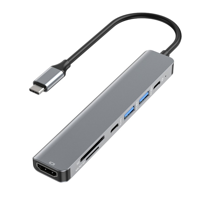 7-в-1 USB-C хъб, JESWO, HDMI 4K, PD, USB 3.0, SD/TF четец на карти, за MacBook устройства, сив