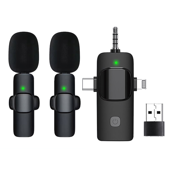 Безжичен микрофон 3 в 1, JESWO, Намаляване на шума, За iPhone/Android камера, Черен