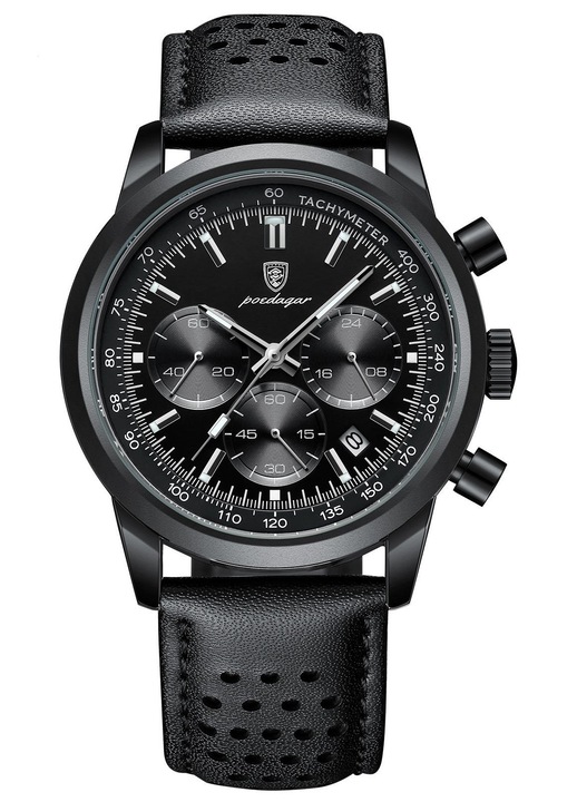 Мъжки часовник Olevs Elegant Chronograph Analog Fashion Style Casual Business Quartz, Ръчен, Кожа, Черен