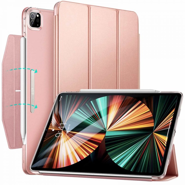 Husa flip pentru Apple iPad 12.9" 2018-2021, suport stylus si stand, piele ecologica rose gold