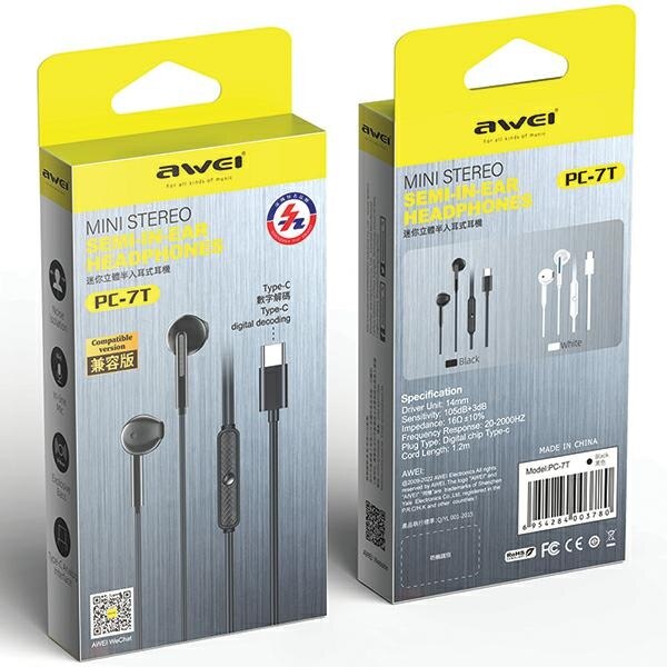Casti cu fir, Awei, USB-C, 1.2m, Negru