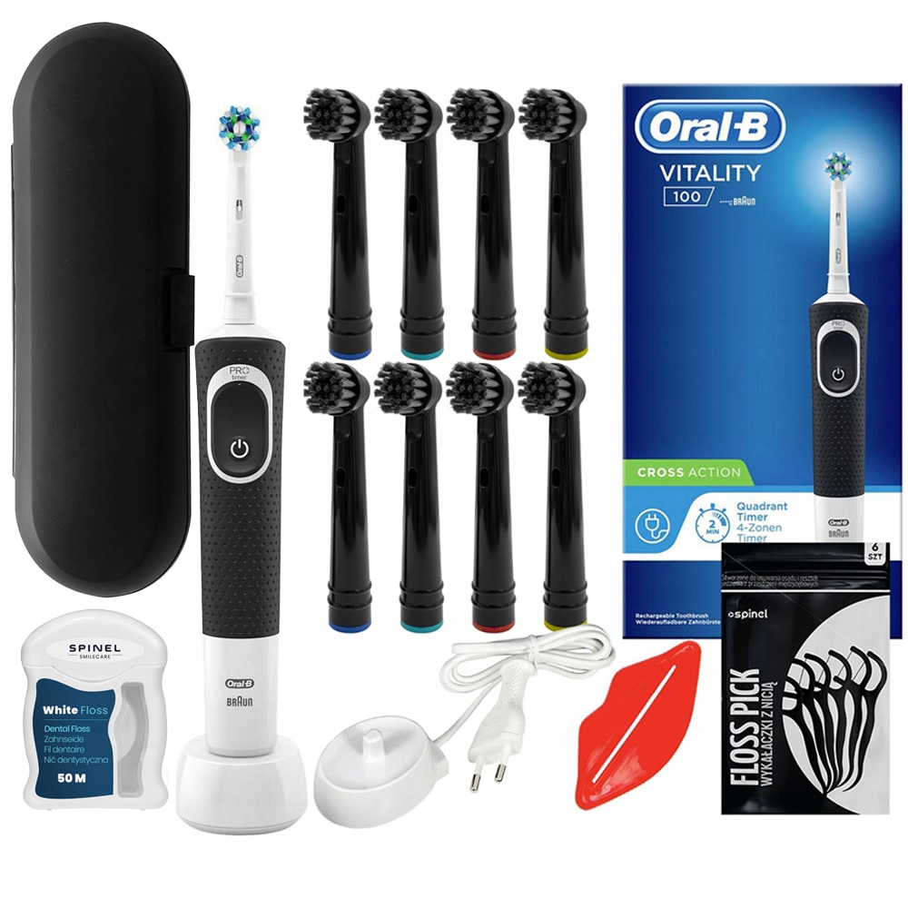 Oral-B Vitality 100 Black Elektromos Fogkefe, Tok, Fogselyem 4 Db Csere ...