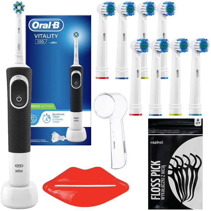 Oral-B Vitality 100 elektromos fogkefe, 8 csere elektromos fogkefehegy, fogkefe sapka, fekete