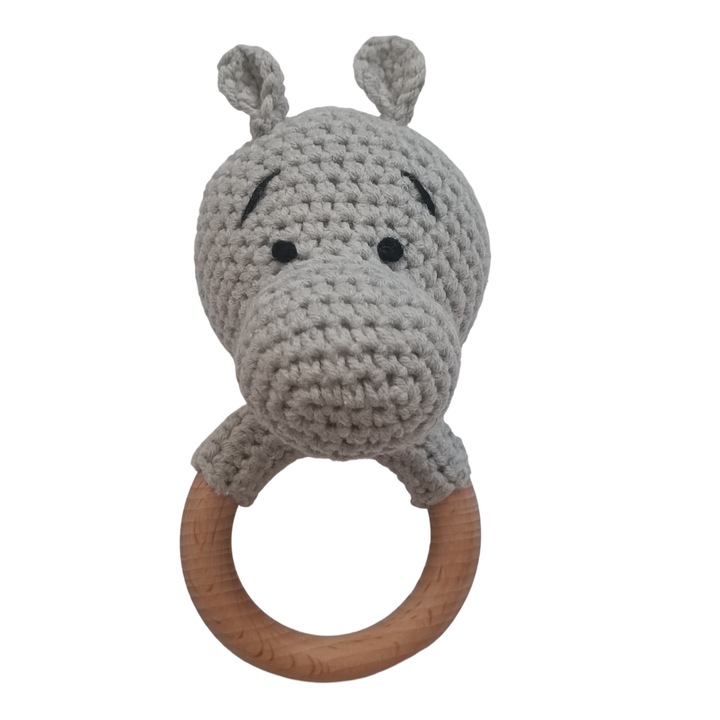 Хипопотам, плетена играчка за зъби, сива, 15 см