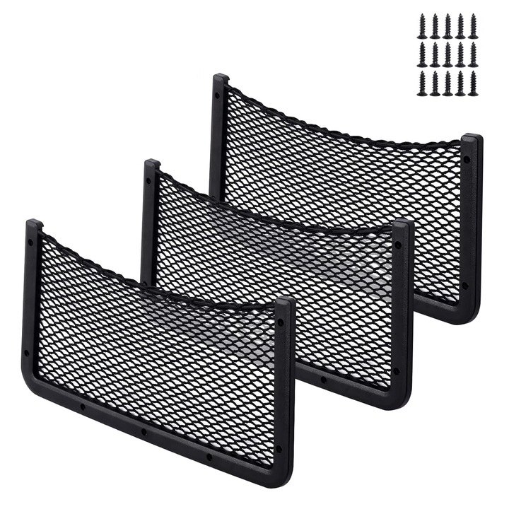 Autós tároló rendszerező, BOMSTOM, hálós, 3 db, 420 x 210 x 10 mm, rögzítés 5 csavarral, fekete