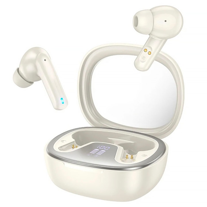 Слушалки с Bluetooth V5.3, безжично аудио, LED цифров дисплей, чист звук, удобен дизайн, дълъг живот на батерията, бързо зареждане, прозрачен калъф, кремави