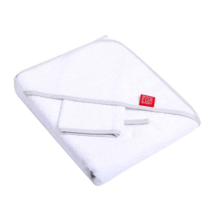 Prosop cu gluga si manusa din bumbac 80x80 cm White and Grey