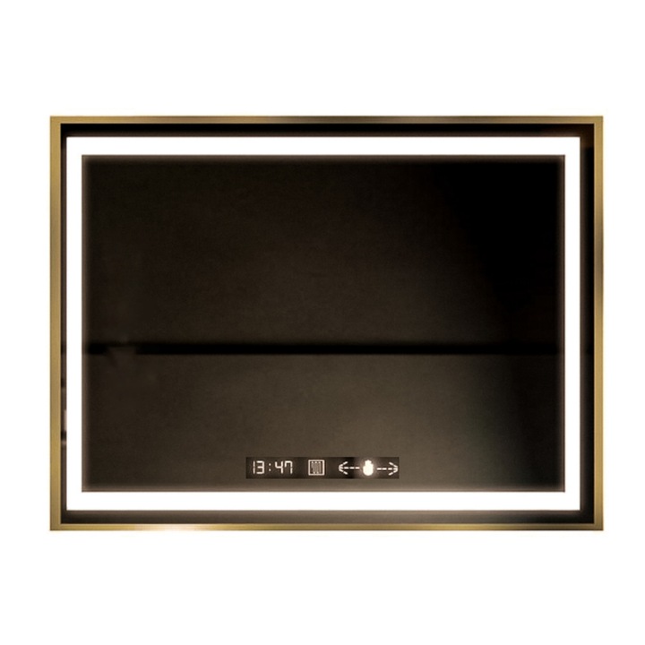 Oglinda Premium Baie Rama Aurie, Iluminare LED, cu Touch Ceas, Termometru, si Sistem Dezaburire 80x60 cm