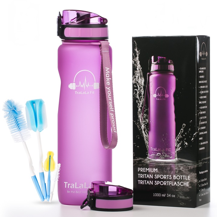 Sticla de apa 1 Litru, Sport Motivationala TraLaLa Fit, Tritan, Perii si Capac incluse, Infuiser, Deschidere Automata, Fara BPA