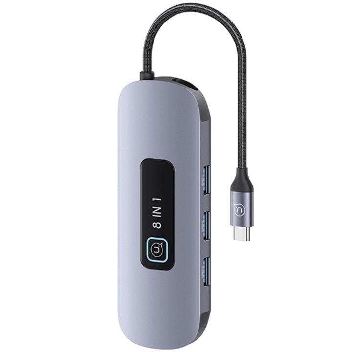 USB хъб 8in1 Usams, US-SJ643, USB-C, 3xUSB-A 3.0, TF, SD, HDMI, RJ45, PD100W, сив