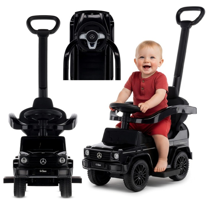 Masinuta de impins pentru copii Mercedes-Benz G 350d negru, Sun Baby, cu maner de impingere, sunete si spatar