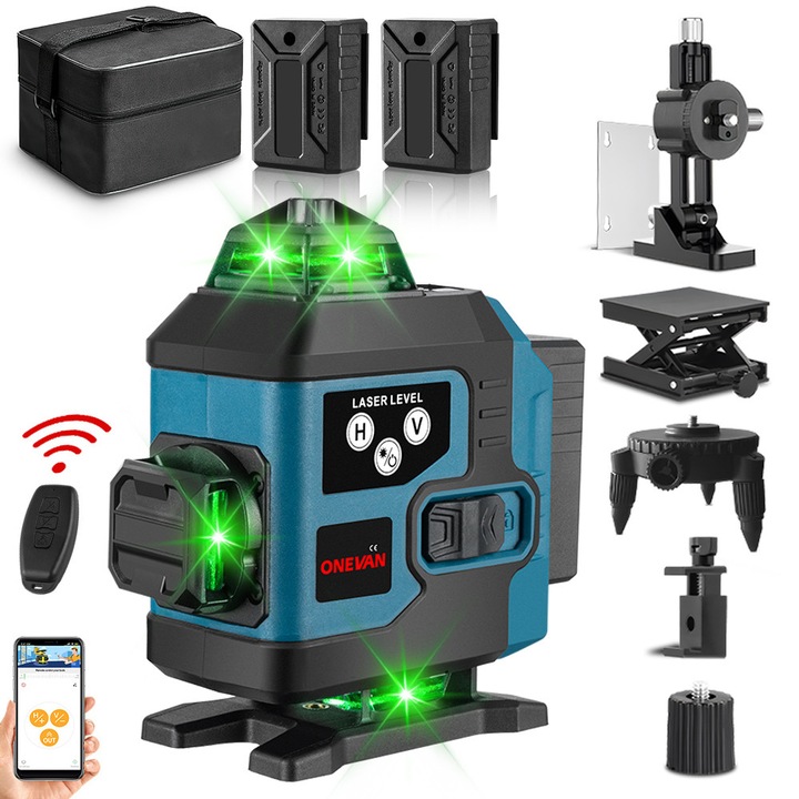 Nivel laser ONEVAN 4D, 16 linii, Autonivelare, Telecomanda, 2 baterii, Albastru