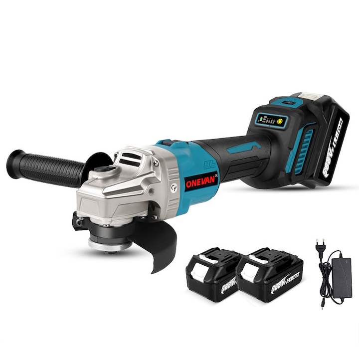 Polizor electric unghiular fara fir 125mm, 2 baterii, Onevan, Albastru