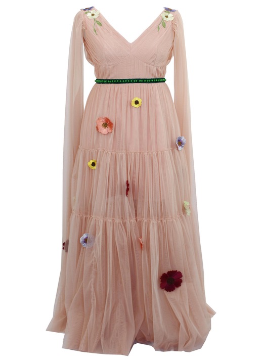 Rochia lunga din tul cu flori ILINCA, Roz pudrat