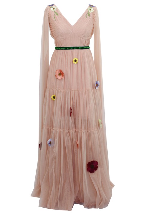 Дългата рокля от тюл с цветя ILINCA, Розова пудра
