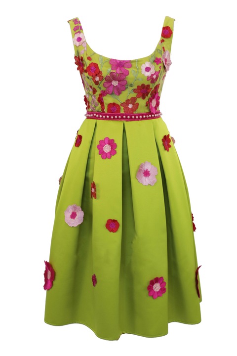 Миди рокля в лайм зелено с розови фуксия 3D цветя CLARISSA - 36
