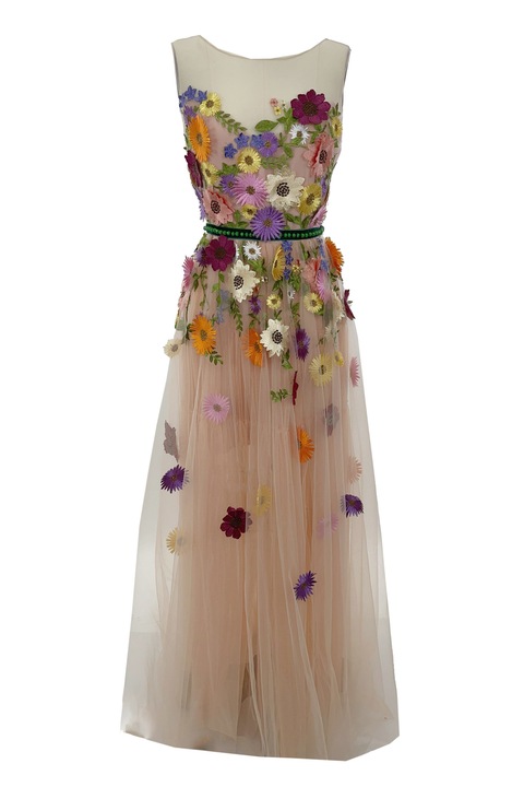 Дълга рокля от коралово розов тюл и цветя NAISHA