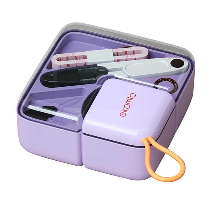 Set 21 articole cusut, POMAMZ, Cu ace, foarfece si alte accesoriim, Organizator simplu si elegant, 11.7x11.7x5.5 cm, Violet
