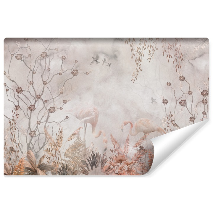 Fototapet Muralo Roz, flamingo, printre plante abstracte 270 cm x 180 cm frunze tropicale, decor dormitor