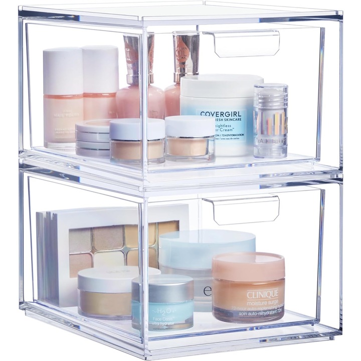 Organizator universal 2 bucati pentru cosmetic NextWave®️, multifunctional cu sertare glisante, recipient de depozitare incapator, 23x20x15 cm, transparent