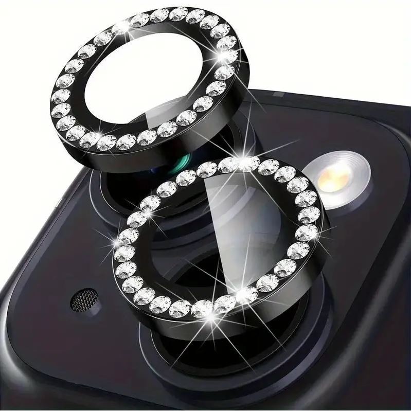 Folie camera cu Strasuri, Individuala, Compatibila cu iPhone 14/14 Plus, Sticla, Negru