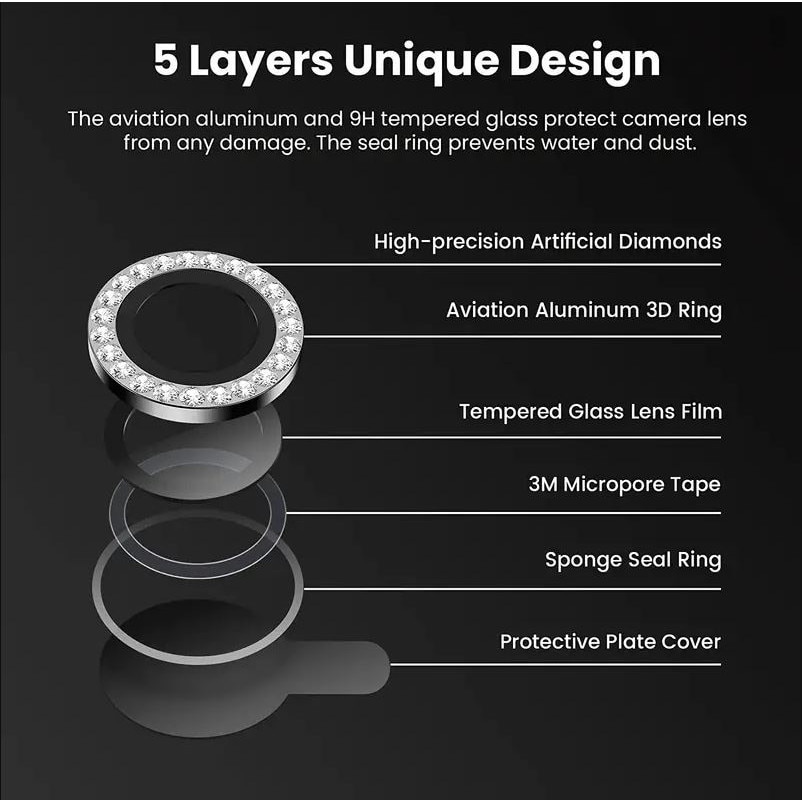 Folie camera cu Strasuri, Individuala, Compatibila cu iPhone 14/14 Plus, Sticla, Negru