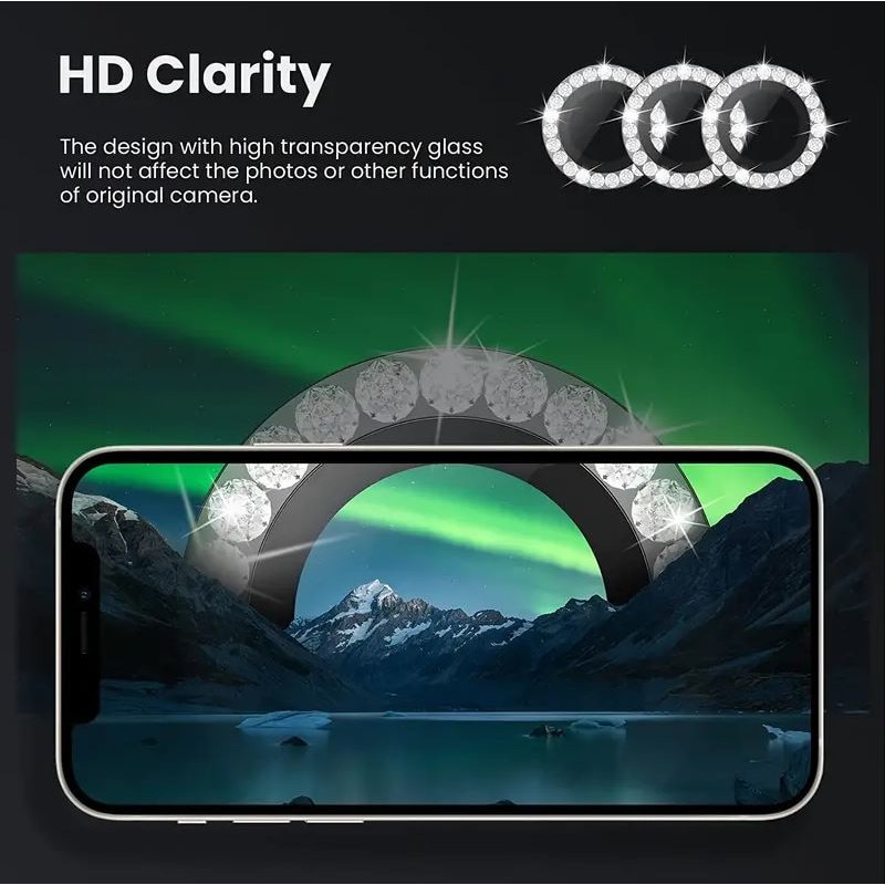 Folie camera cu Strasuri, Individuala, Compatibila cu iPhone 14/14 Plus, Sticla, Negru