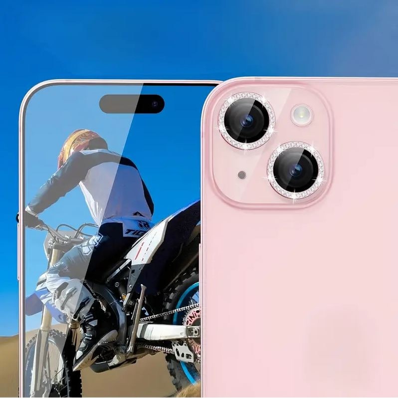 Folie camera cu Strasuri, Individuala, Compatibila cu iPhone 15/15 Plus, Sticla, Roz