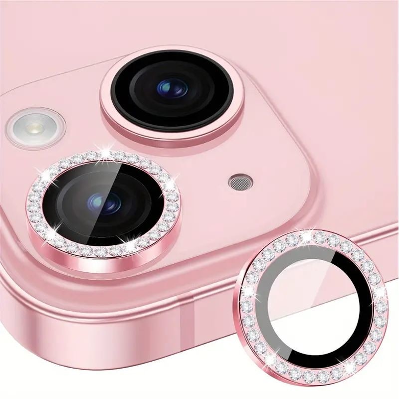 Folie camera cu Strasuri, Individuala, Compatibila cu iPhone 15/15 Plus, Sticla, Roz