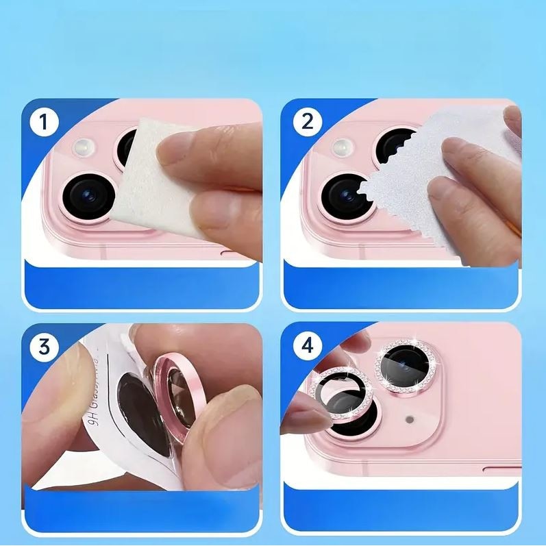 Folie camera cu Strasuri, Individuala, Compatibila cu iPhone 15/15 Plus, Sticla, Roz