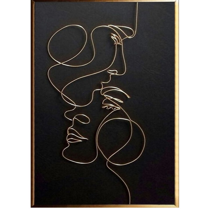 Tablou abstract pictat manual ulei pe panza, Pictura minimalista cu foita de aur, 70x50cm, Negru, Auriu, Cuplu indragostit