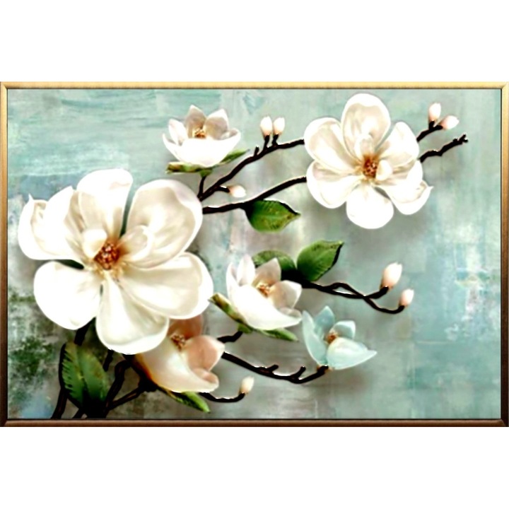 Tablou pictat manual ulei pe panza in cutit, Pictura flori albe de Orhidee, Tablou living, Alb Turcoaz Verde, 130x95cm