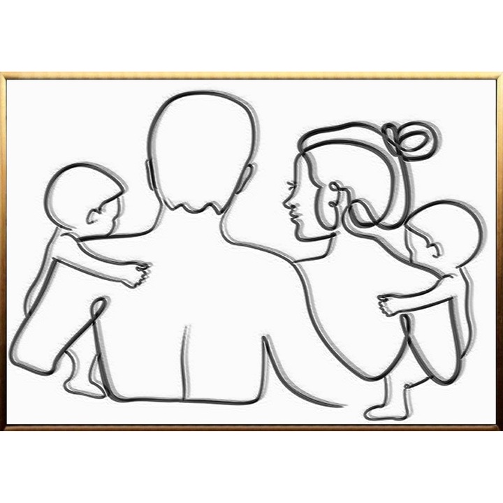 Tablou abstract alb negru, pictat manual ulei pe panza, portret familie, 70x50cm, Minimalist