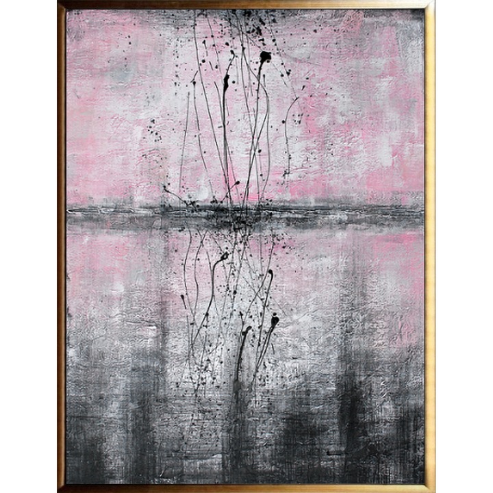 Tablou pictat abstract manual ulei pe panza, tehnica texturata, 100x75cm, Dimineata cu ceata, negru, roz pudrat, gri