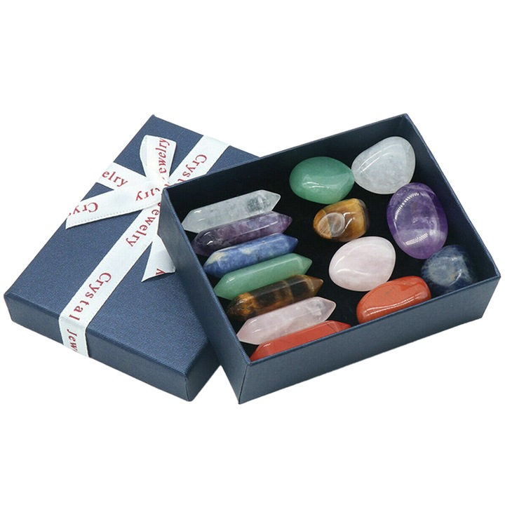 Set cristale si pietre naturale vindecatoare chakra, Axroad Mall, 14 piese, Cu 7 mini pietre semipretioase polisate si 7 cristale hexagonale naturale, Pentru meditatie, ameliorarea anxietatii, Multicolor