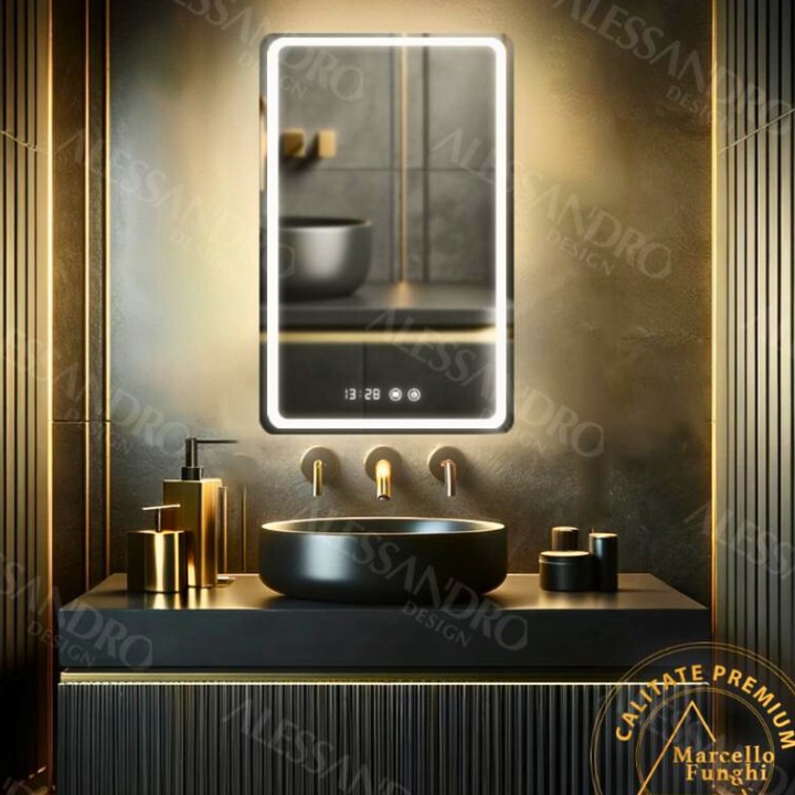 Oglinda Baie Premium, Iluminare LED cu Touch, Sistem Dezaburire si Ceas 60x80 cm
