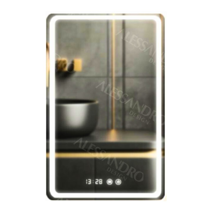 Премиум огледало за баня, LED осветление с докосване, система против запотяване и часовник 60x80 cm