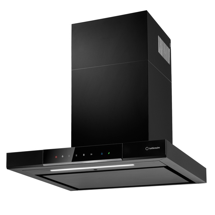 Hota incorporabila decorativa Turbionaire TEV60WB, Putere de absorbtie 800 mc/h, Senzor monitorizare temperatura, LED-uri ajustabile, Boost si Super boost, Aspiratie perimetrala, Clasa A++, 60 cm, Negru