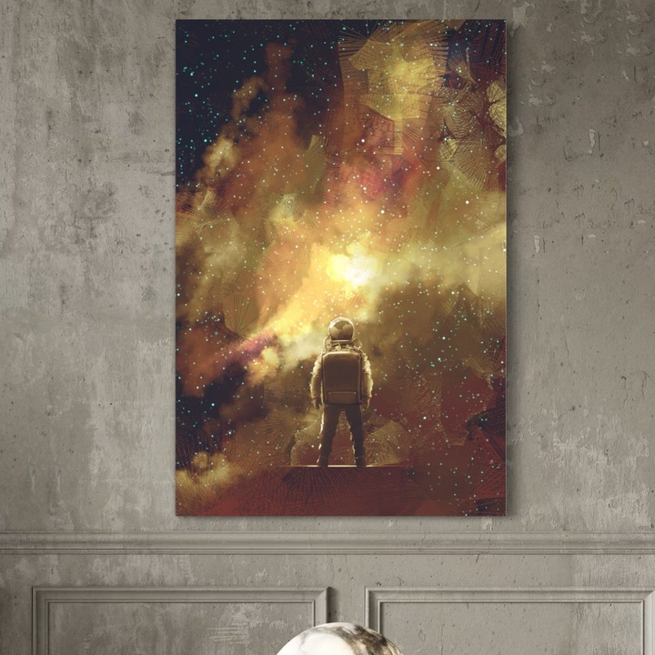 Tablou Canvas Premium, LuxCanva® C1082, Astronaut In Varful Lumii, 65 X 100 CM, Panza Bumbac 100% 400g/m2, Sasiu Lemn, Inspirational, Calatorie, Stele, Living Room, Office, Relaxare, Culori Vibrante