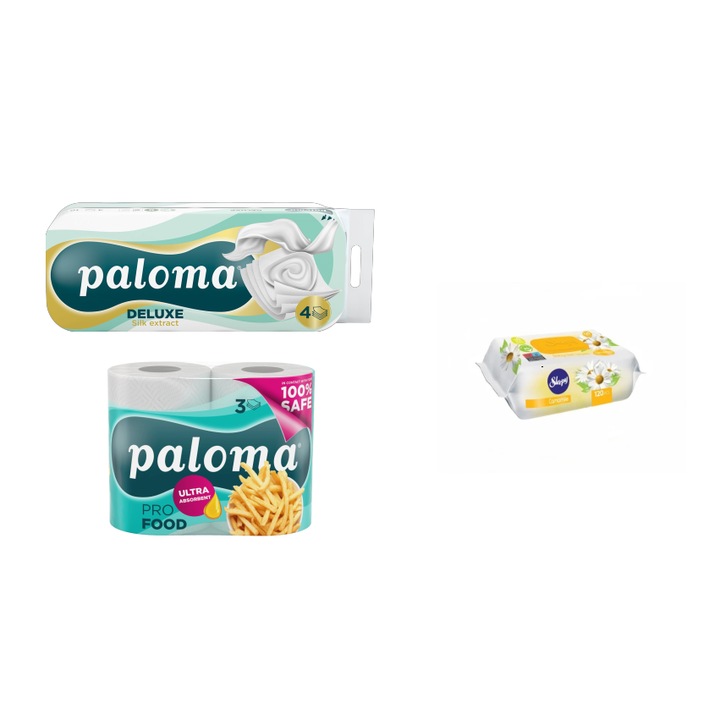Pachet Hartie igienica Paloma 4 straturi, silk extract, Prosop Paloma Profood, 3 straturi + Servetele umede Sleepy musetel, 120 buc